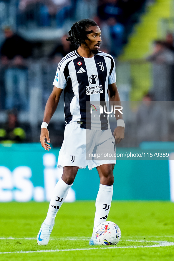 Khephren Thuram of Juventus FC in action during the Serie A Enilive match between Empoli FC and Juventus FC at Stadio Carlo Castellani on Se...