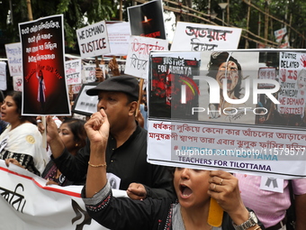 Teachers shout slogans during a protest rally against the rape and murder of a PGT woman doctor at the government-run R G Kar Medical Colleg...