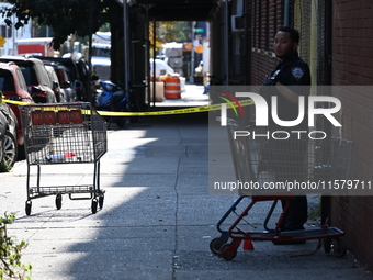 NYPD crime scene investigators search for evidence where a 32-year-old man is shot numerous times and killed in Manhattan, New York, United...