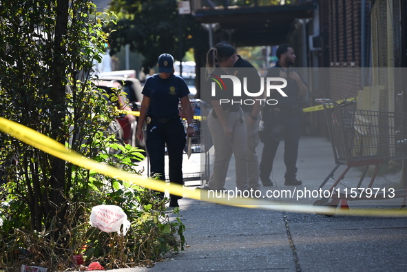 NYPD crime scene investigators search for evidence where a 32-year-old man is shot numerous times and killed in Manhattan, New York, United...