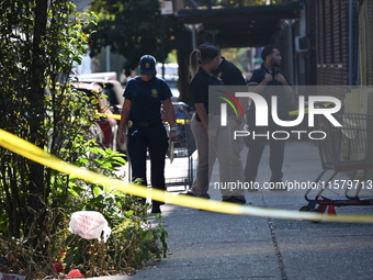 NYPD crime scene investigators search for evidence where a 32-year-old man is shot numerous times and killed in Manhattan, New York, United...