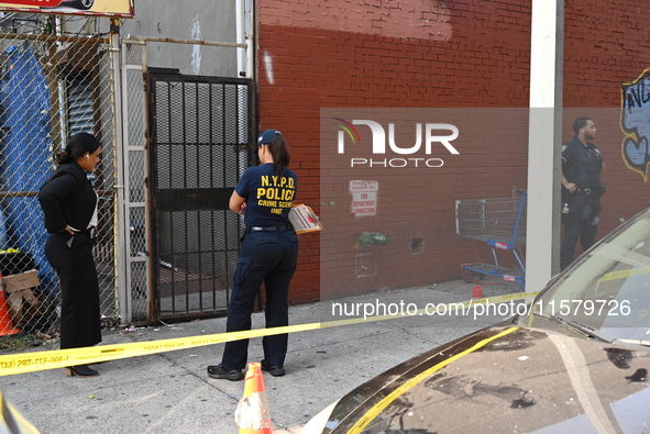 NYPD crime scene investigators search for evidence where a 32-year-old man is shot numerous times and killed in Manhattan, New York, United...