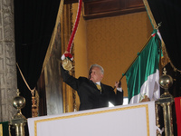 Mexico's President, Andres Manuel Lopez Obrador, waves the Mexican flag and makes his last shout of independence to commemorate the 214th an...