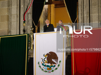 Mexico's President, Andres Manuel Lopez Obrador, accompanied by his wife Beatriz Gutierrez Muller, makes his last shout of independence to c...