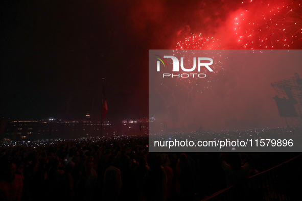 Fireworks are seen at Zocalo in the main square during the 214th Anniversary of Mexico's Independence Day in Mexico City, Mexico, on Septemb...