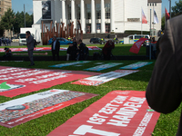 IGM labor union calls for thousands of steel workers to protest in front of Mercatorhall during the national steel summit in Duisburg, Germa...