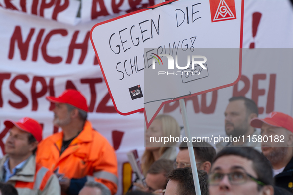 IGM labor union calls for thousands of steel workers to protest in front of Mercatorhall during the national steel summit in Duisburg, Germa...