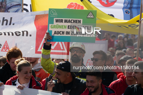 IGM labor union calls for thousands of steel workers to protest in front of Mercatorhall during the national steel summit in Duisburg, Germa...