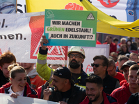 IGM labor union calls for thousands of steel workers to protest in front of Mercatorhall during the national steel summit in Duisburg, Germa...