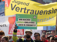 IGM labor union calls for thousands of steel workers to protest in front of Mercatorhall during the national steel summit in Duisburg, Germa...