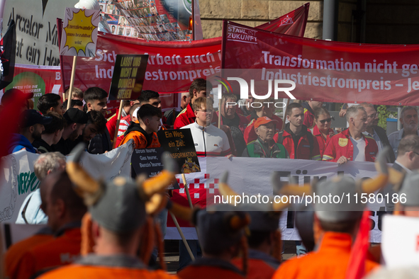 IGM labor union calls for thousands of steel workers to protest in front of Mercatorhall during the national steel summit in Duisburg, Germa...