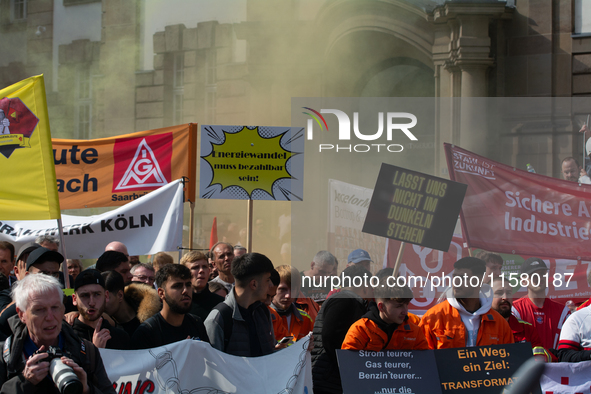 IGM labor union calls for thousands of steel workers to protest in front of Mercatorhall during the national steel summit in Duisburg, Germa...