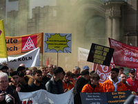 IGM labor union calls for thousands of steel workers to protest in front of Mercatorhall during the national steel summit in Duisburg, Germa...