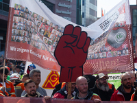 IGM labor union calls for thousands of steel workers to protest in front of Mercatorhall during the national steel summit in Duisburg, Germa...