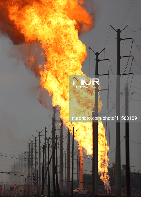 In Pasadena, Texas, a suburb of Houston, on September 16, 2024, a pipeline fire burns throughout the day. The fire is visible up to twenty m...