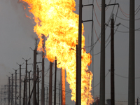 In Pasadena, Texas, a suburb of Houston, on September 16, 2024, a pipeline fire burns throughout the day. The fire is visible up to twenty m...