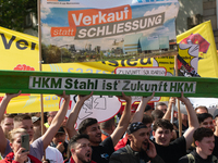 IGM labor union calls for thousands of steel workers to protest in front of Mercatorhall during the national steel summit in Duisburg, Germa...