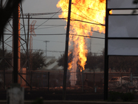 In Pasadena, Texas, a suburb of Houston, on September 16, 2024, a pipeline fire burns throughout the day. The fire can be seen up to twenty...