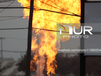 In Pasadena, Texas, a suburb of Houston, on September 16, 2024, a pipeline fire burns throughout the day. The fire can be seen up to twenty...