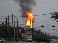 In Pasadena, Texas, a suburb of Houston, on September 16, 2024, a pipeline fire burns throughout the day. The fire is visible up to twenty m...