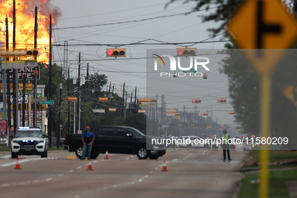 In Pasadena, Texas, a suburb of Houston, on September 16, 2024, a pipeline fire burns throughout the day. The fire is visible up to twenty m...