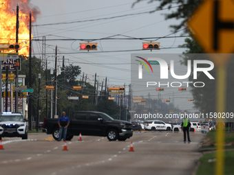 In Pasadena, Texas, a suburb of Houston, on September 16, 2024, a pipeline fire burns throughout the day. The fire is visible up to twenty m...