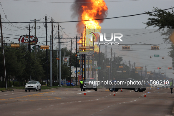 In Pasadena, Texas, a suburb of Houston, on September 16, 2024, a pipeline fire burns throughout the day. The fire is visible up to twenty m...