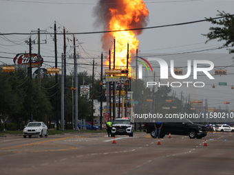 In Pasadena, Texas, a suburb of Houston, on September 16, 2024, a pipeline fire burns throughout the day. The fire is visible up to twenty m...