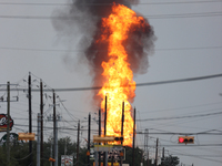 In Pasadena, Texas, a suburb of Houston, on September 16, 2024, a pipeline fire burns throughout the day. The fire is visible up to twenty m...