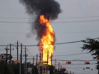 In Pasadena, Texas, a suburb of Houston, on September 16, 2024, a pipeline fire burns throughout the day. The fire is visible up to twenty m...