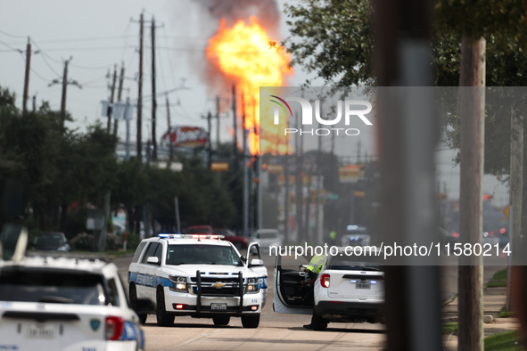 In Pasadena, Texas, a suburb of Houston, on September 16, 2024, a pipeline fire burns throughout the day. The fire is visible up to twenty m...