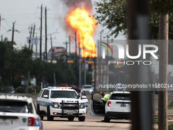 In Pasadena, Texas, a suburb of Houston, on September 16, 2024, a pipeline fire burns throughout the day. The fire is visible up to twenty m...