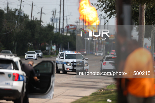 In Pasadena, Texas, a suburb of Houston, on September 16, 2024, a pipeline fire burns throughout the day. The fire is visible up to twenty m...