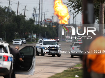 In Pasadena, Texas, a suburb of Houston, on September 16, 2024, a pipeline fire burns throughout the day. The fire is visible up to twenty m...