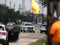 In Pasadena, Texas, a suburb of Houston, on September 16, 2024, a pipeline fire burns throughout the day. The fire is visible up to twenty m...