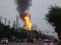 In Pasadena, Texas, a suburb of Houston, on September 16, 2024, a pipeline fire burns throughout the day. The fire is visible up to twenty m...