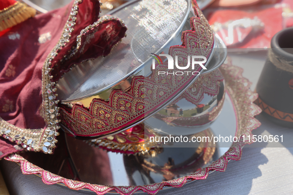 Karva Chauth related products are on display in Brampton, Ontario, Canada, on September 14, 2024. Karva Chauth, also known as Karwa Chauth o...