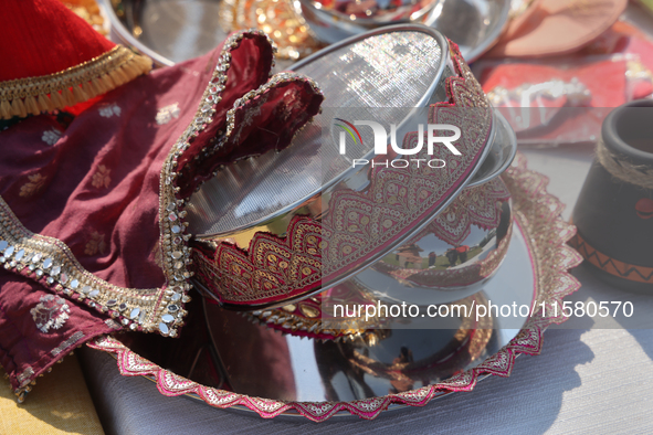 Karva Chauth related products are on display in Brampton, Ontario, Canada, on September 14, 2024. Karva Chauth, also known as Karwa Chauth o...