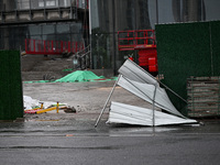 A fence is blown down at a construction site in Nanjing, China, on September 17, 2024. (