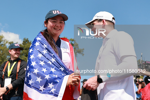 GAINESVILLE, VIRGINIA - SEPTEMBER 15: Allisen Corpuz of the United States celebrates after a Team USA win the Solheim Cup at Robert Trent Jo...