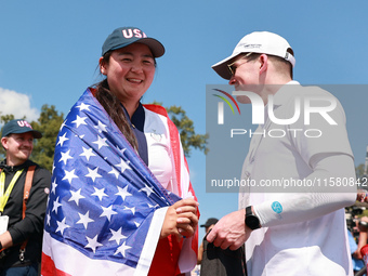 GAINESVILLE, VIRGINIA - SEPTEMBER 15: Allisen Corpuz of the United States celebrates after a Team USA win the Solheim Cup at Robert Trent Jo...