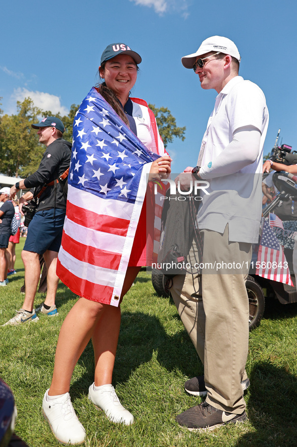 GAINESVILLE, VIRGINIA - SEPTEMBER 15: Allisen Corpuz of the United States celebrates after a Team USA win the Solheim Cup at Robert Trent Jo...