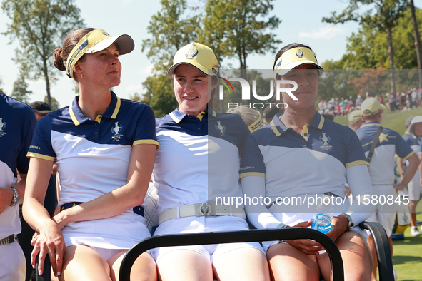 GAINESVILLE, VIRGINIA - SEPTEMBER 15: From left to right, Esther Henseleit, Leona Maguire and Celine Boutier of Team Europe leave on a golf...