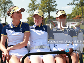 GAINESVILLE, VIRGINIA - SEPTEMBER 15: From left to right, Esther Henseleit, Leona Maguire and Celine Boutier of Team Europe leave on a golf...