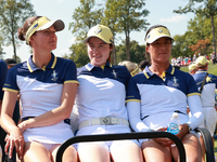 GAINESVILLE, VIRGINIA - SEPTEMBER 15: From left to right, Esther Henseleit, Leona Maguire and Celine Boutier of Team Europe leave on a golf...