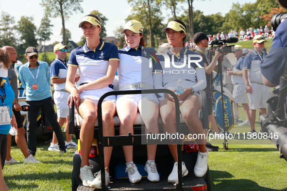 GAINESVILLE, VIRGINIA - SEPTEMBER 15: From left to right, Esther Henseleit, Leona Maguire and Celine Boutier of Team Europe leave on a golf...