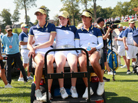 GAINESVILLE, VIRGINIA - SEPTEMBER 15: From left to right, Esther Henseleit, Leona Maguire and Celine Boutier of Team Europe leave on a golf...