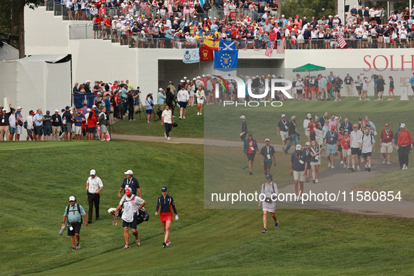 GAINESVILLE, VIRGINIA - SEPTEMBER 15: Nelly Korda of the United States walks on the first hole during single matches on Day Three of the Sol...