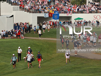 GAINESVILLE, VIRGINIA - SEPTEMBER 15: Nelly Korda of the United States walks on the first hole during single matches on Day Three of the Sol...