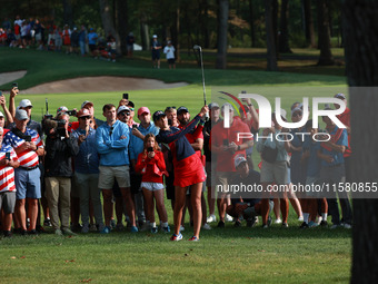 GAINESVILLE, VIRGINIA - SEPTEMBER 15: Nelly Korda of the United States hits out of the rough toward the first green during single matches on...